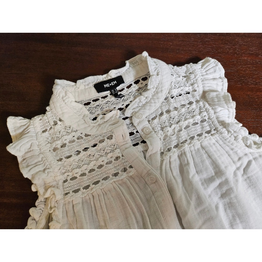 ME+EM Blouse Womens Size 2 White Cotton Lace Ruffle Sleeveless Button Front Top